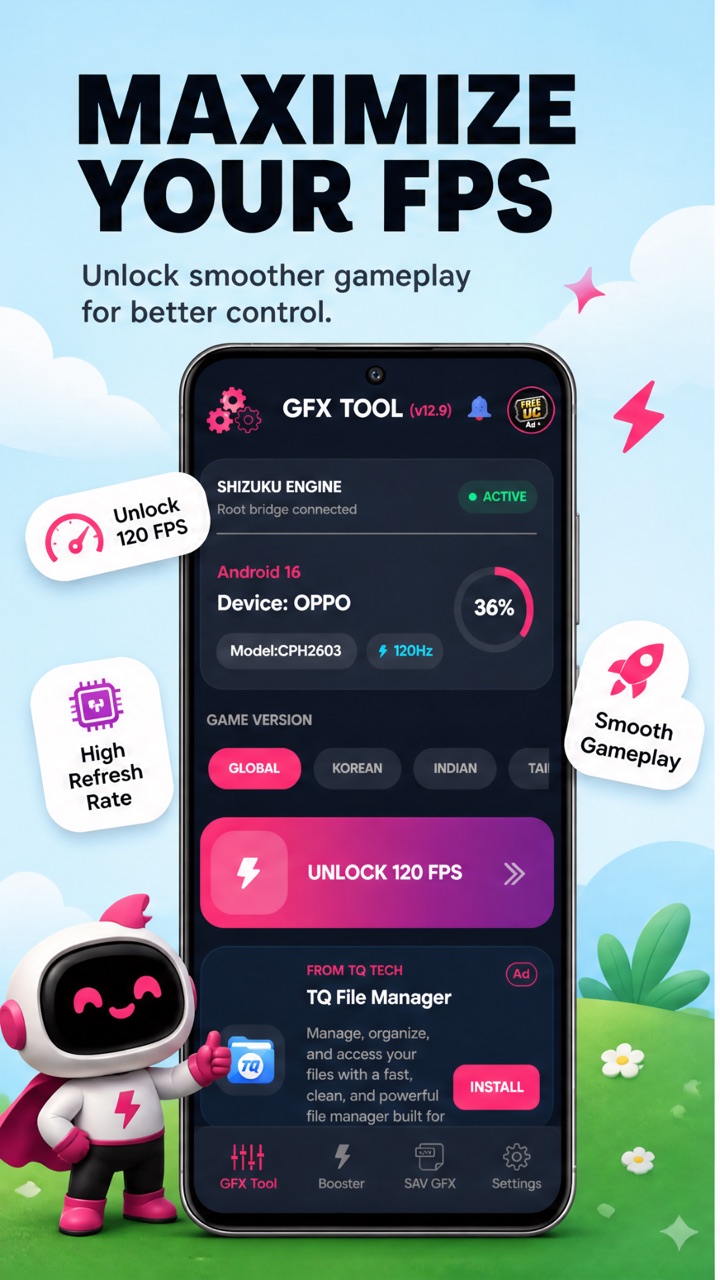 GFX Tool home screen with the Shizuku engine marked active, the detected OPPO device on Android 16 at 120Hz, game version tabs for Global, Korean and Indian, and the Unlock 120 FPS slider