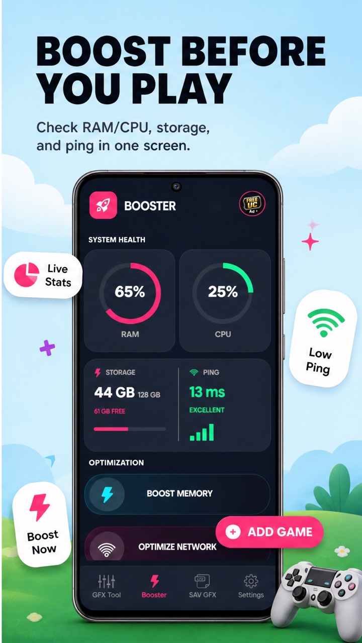Booster screen showing RAM at 65 percent, CPU at 25 percent, 61GB free storage and a 13ms ping rated excellent, with Boost Memory and Optimize Network actions