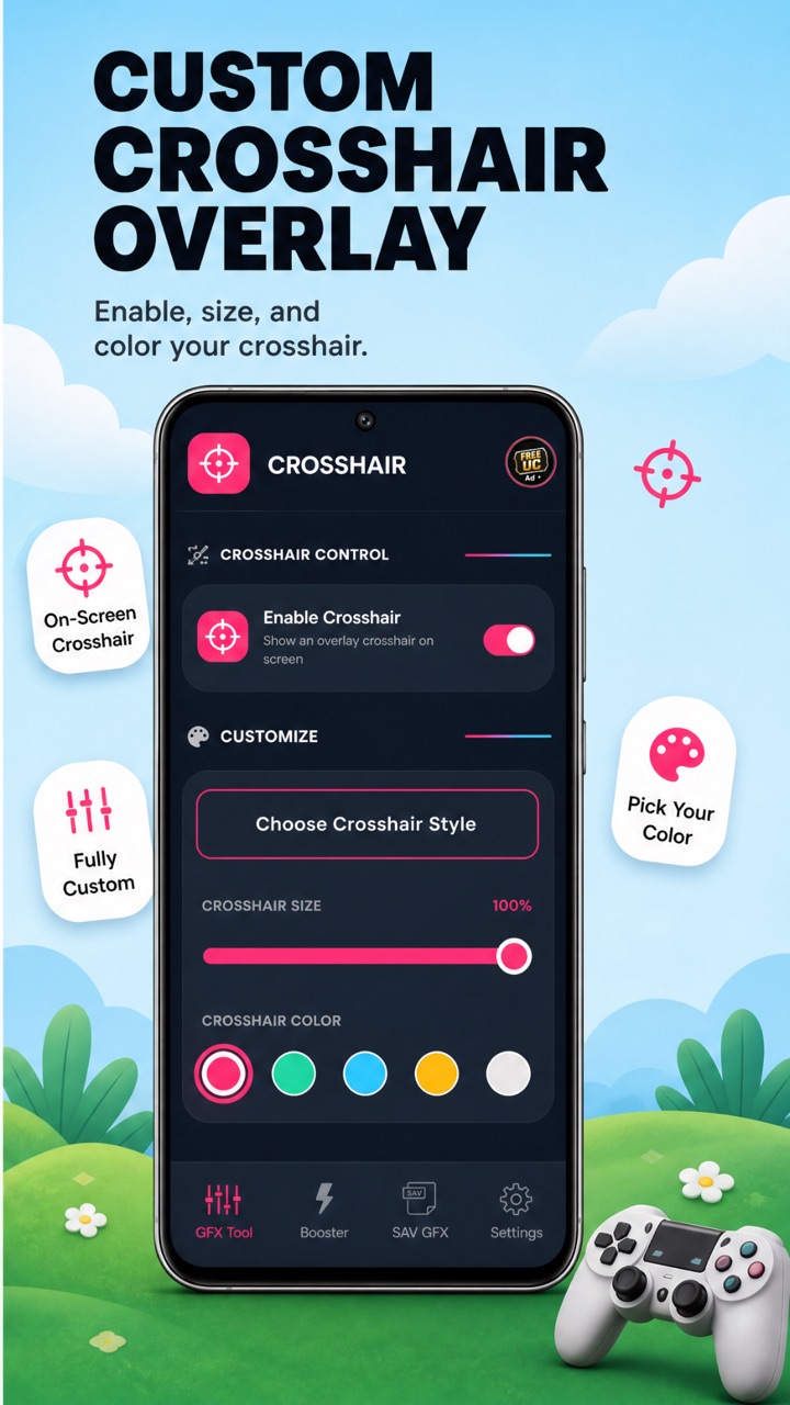 Crosshair screen with the overlay crosshair switched on, a style picker, a size slider at 100 percent and five colour swatches